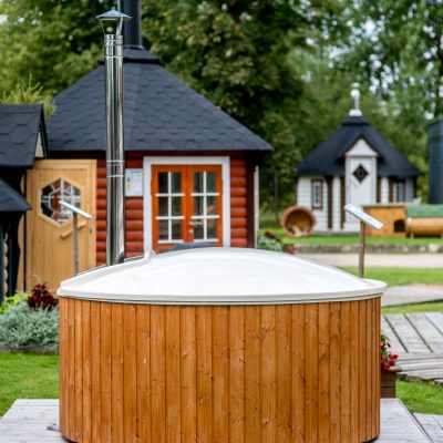 Hot tub setting view with grill cabin