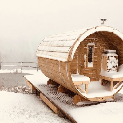 Sauna Barrel 1.9x3m with Eco roof with snow